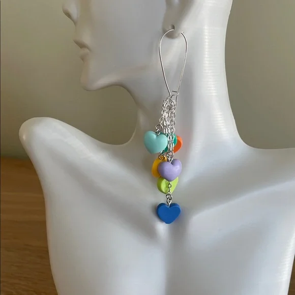 HAND CRAFTED PASTEL HEART DANGLE EARRINGS Multicolor Rainbow Whimsical Tassel - Picture 4 of 12